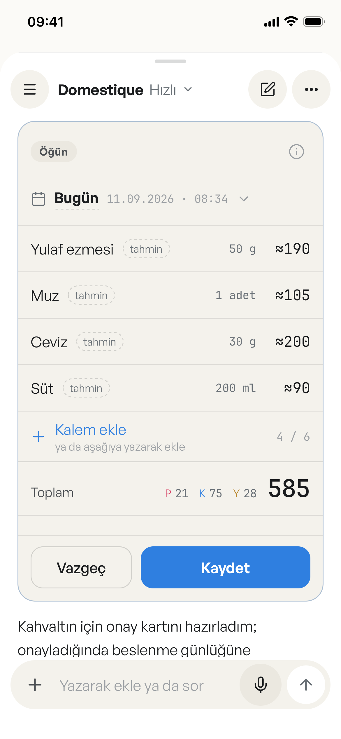 Domestique'in öğün ekranı